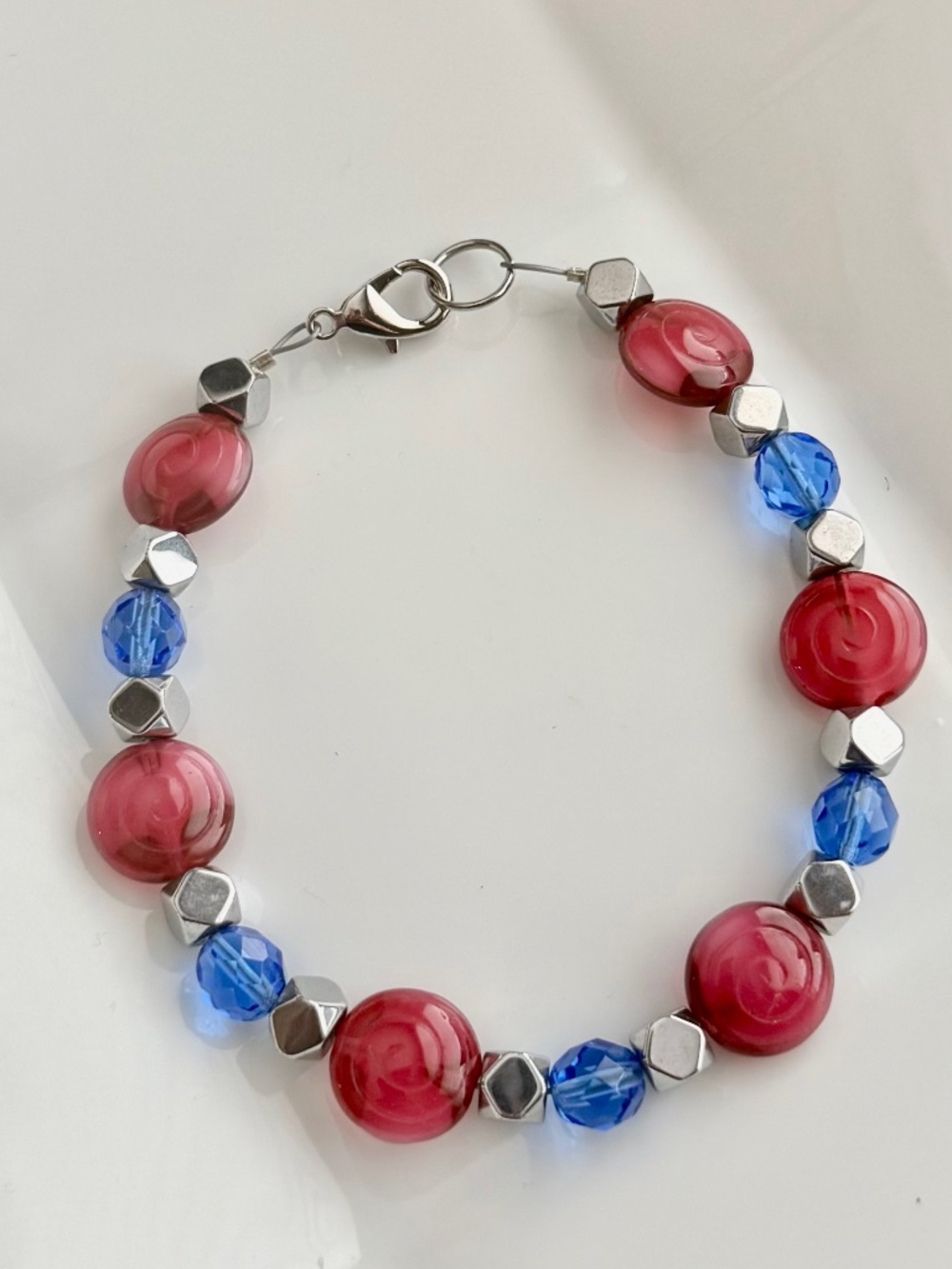 Red Discs Silver & Blue Faceted Beaded Bracelet Handcrafted